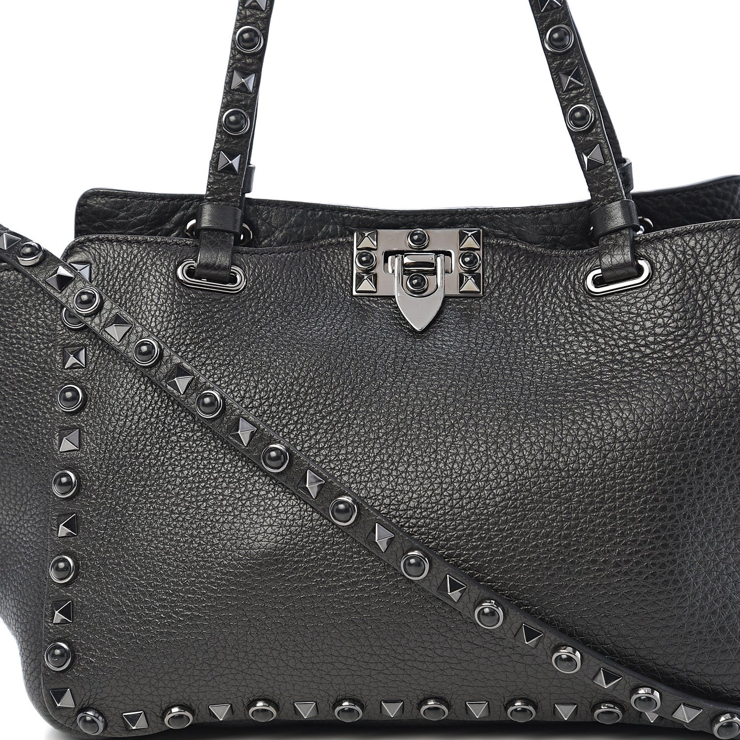 Grained Calfskin Onyx Small Rockstud Rolling Tote Black