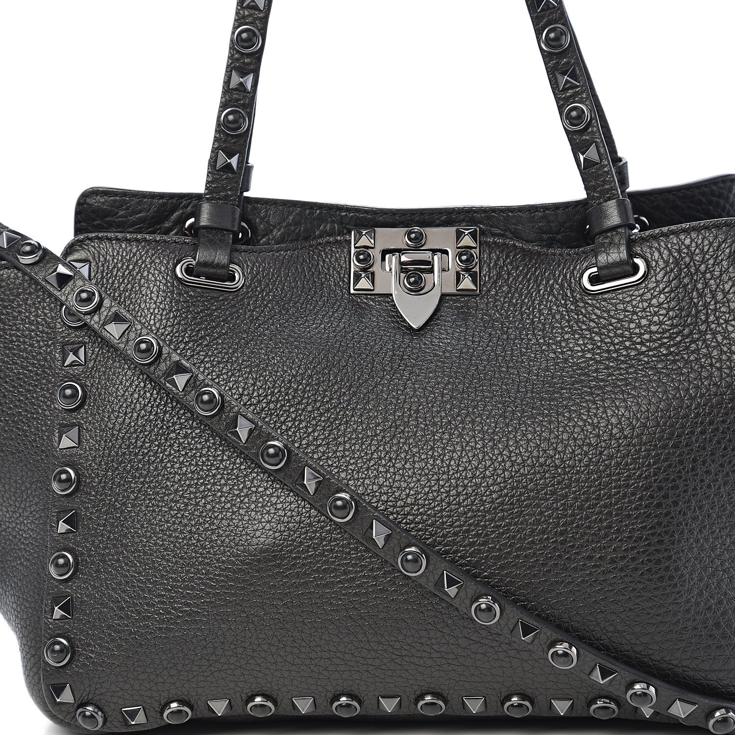 Valentino Garavani Grained Calfskin Onyx Small Rockstud Rolling Tote Black 9 of 9