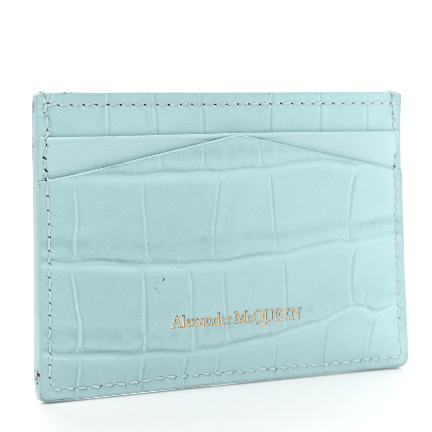 Shiny Calfskin Crocodile Embossed Skull Card Holder Pale Blue