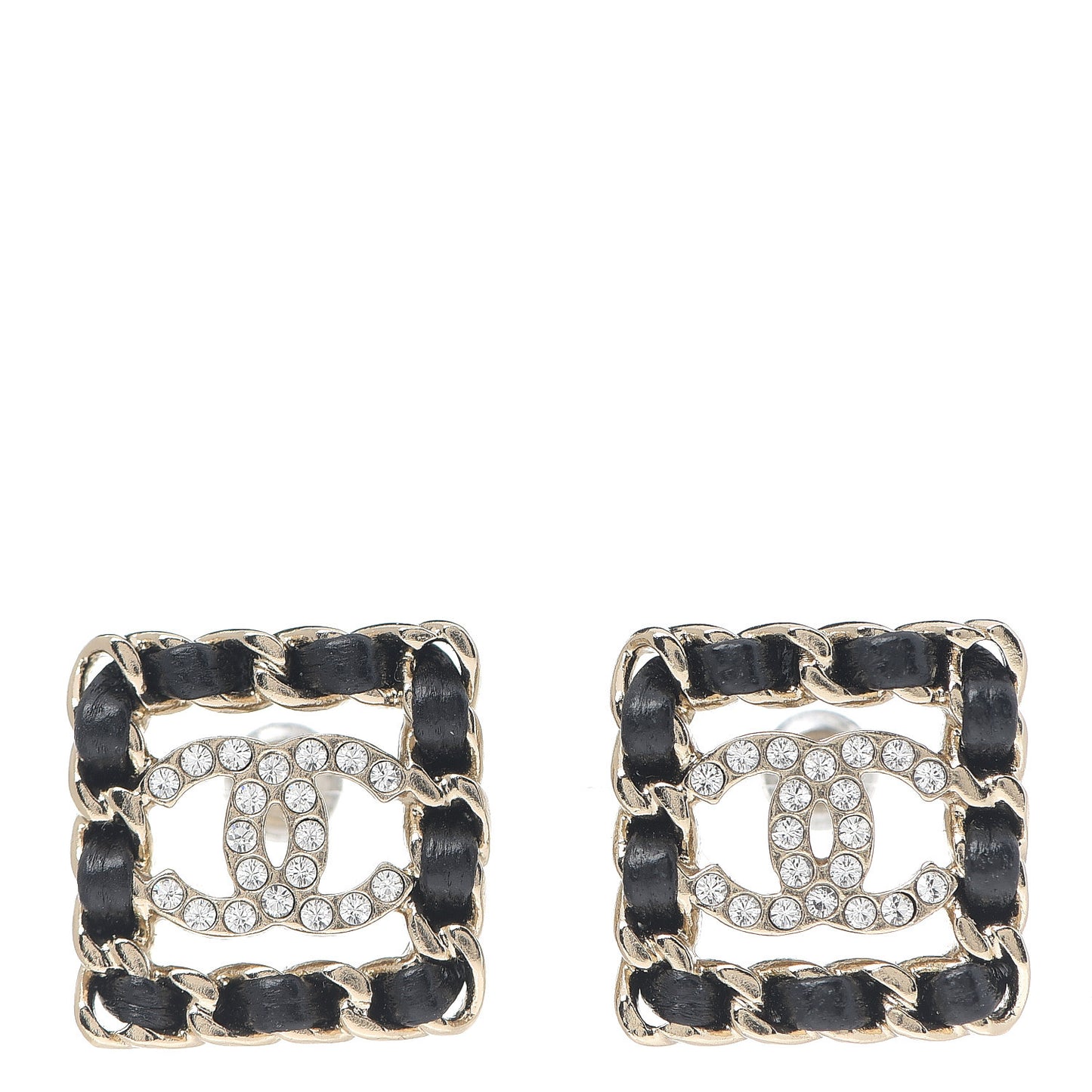 Crystal Lambskin Chain Sergeant Stud Earrings Black Gold
