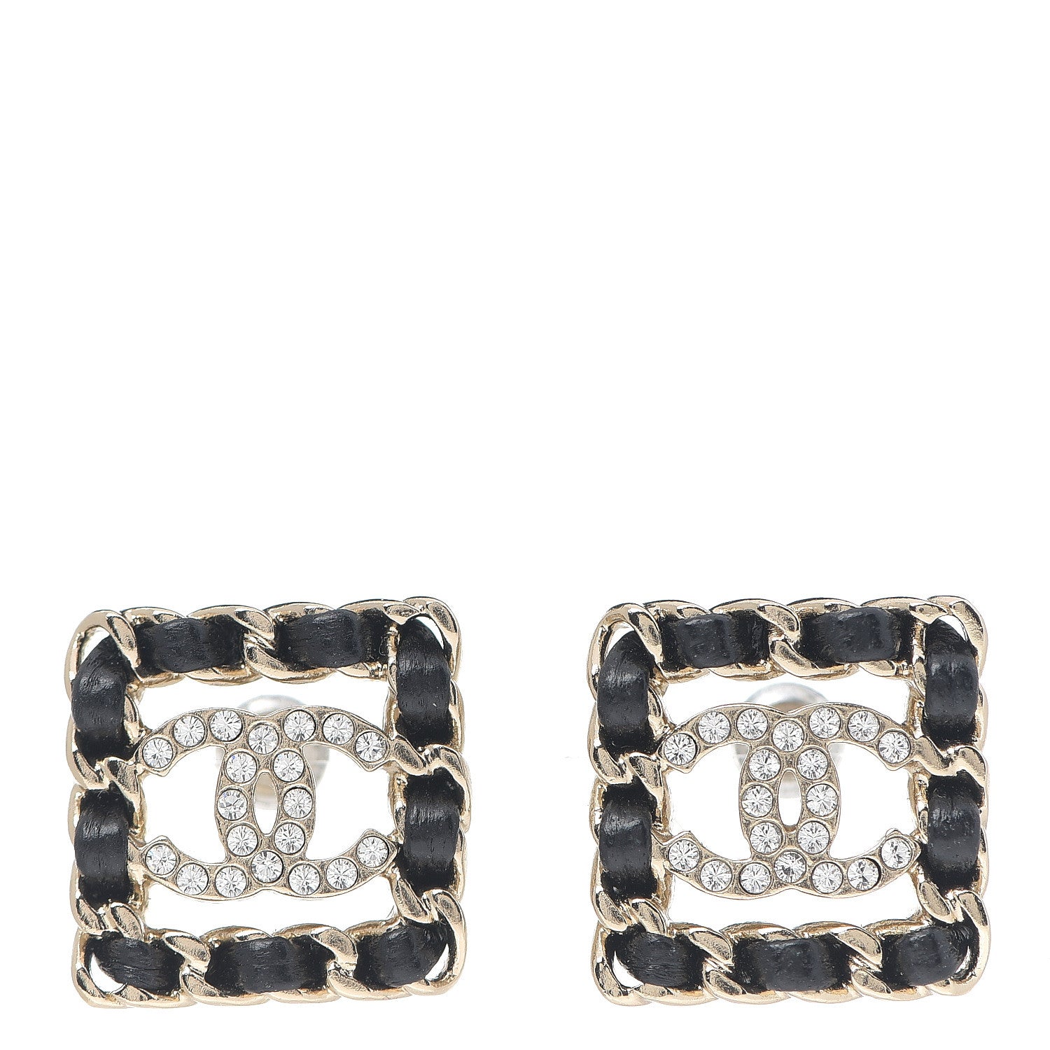Chanel Crystal Lambskin Chain Sergeant Stud Earrings Black Gold 1 of 3