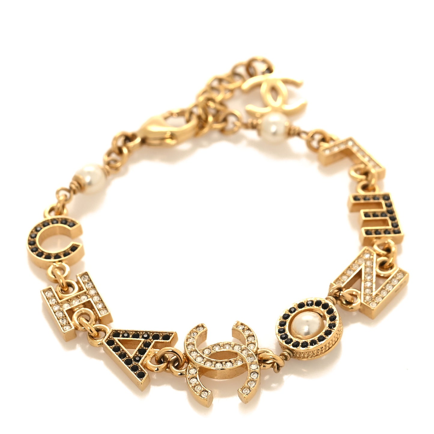 Crystal Pearl Logo Bracelet Black Gold