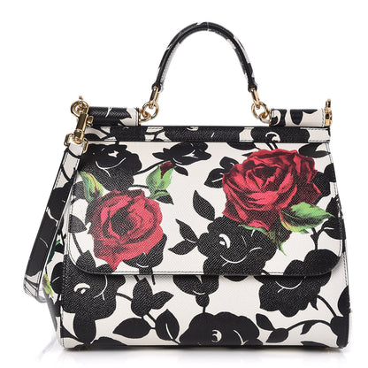 Dolce & Gabbana Dauphine Floral Print Medium Miss Sicily Satchel Black White 1 of 8