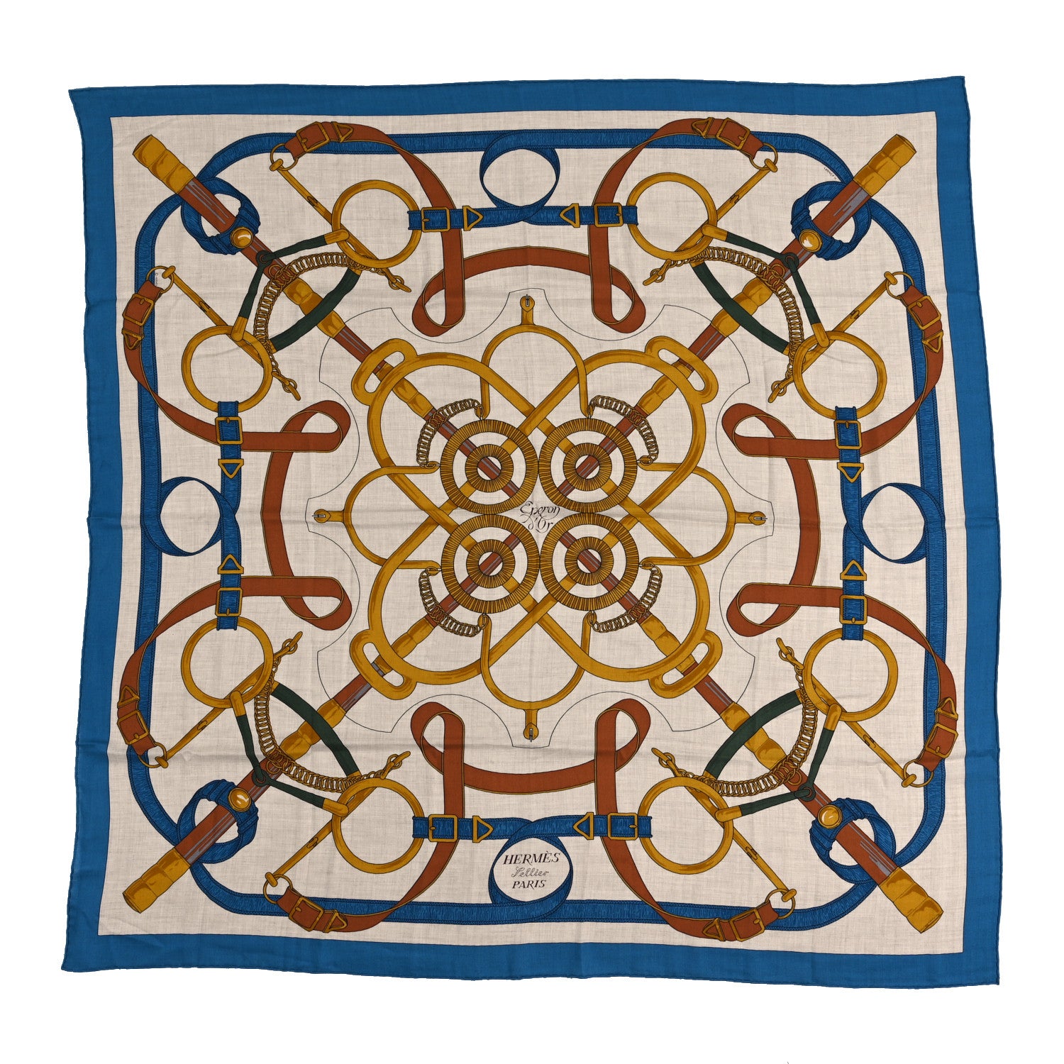 Hermes Cashmere Silk Eperon Eperon D'Or Shawl 140 Bleu Cobalt Naturel Vieil Or 1 of 5