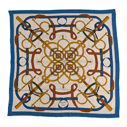 Hermes Cashmere Silk Eperon Eperon D'Or Shawl 140 Bleu Cobalt Naturel Vieil Or 1 of 5