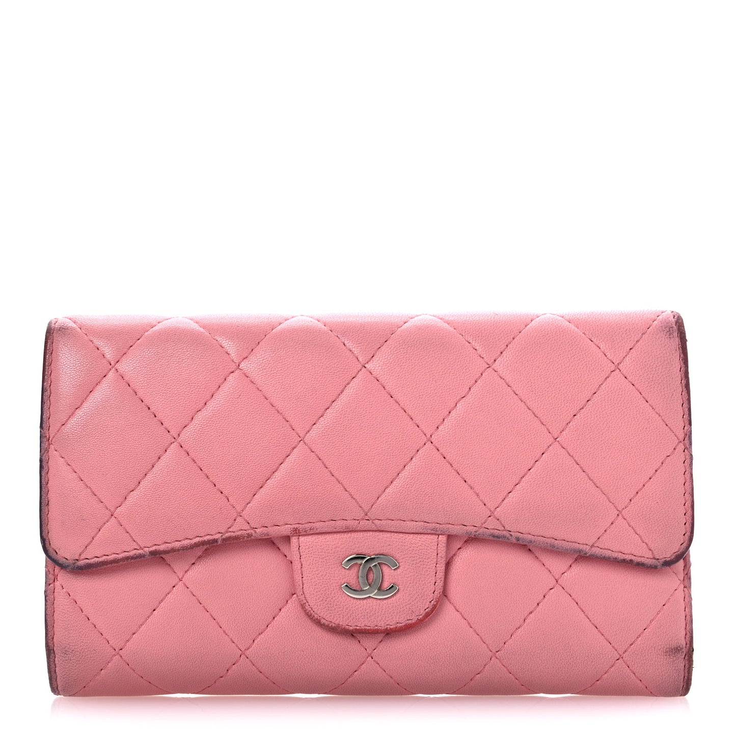 Lambskin Quilted Large Gusset Flap Wallet Pink