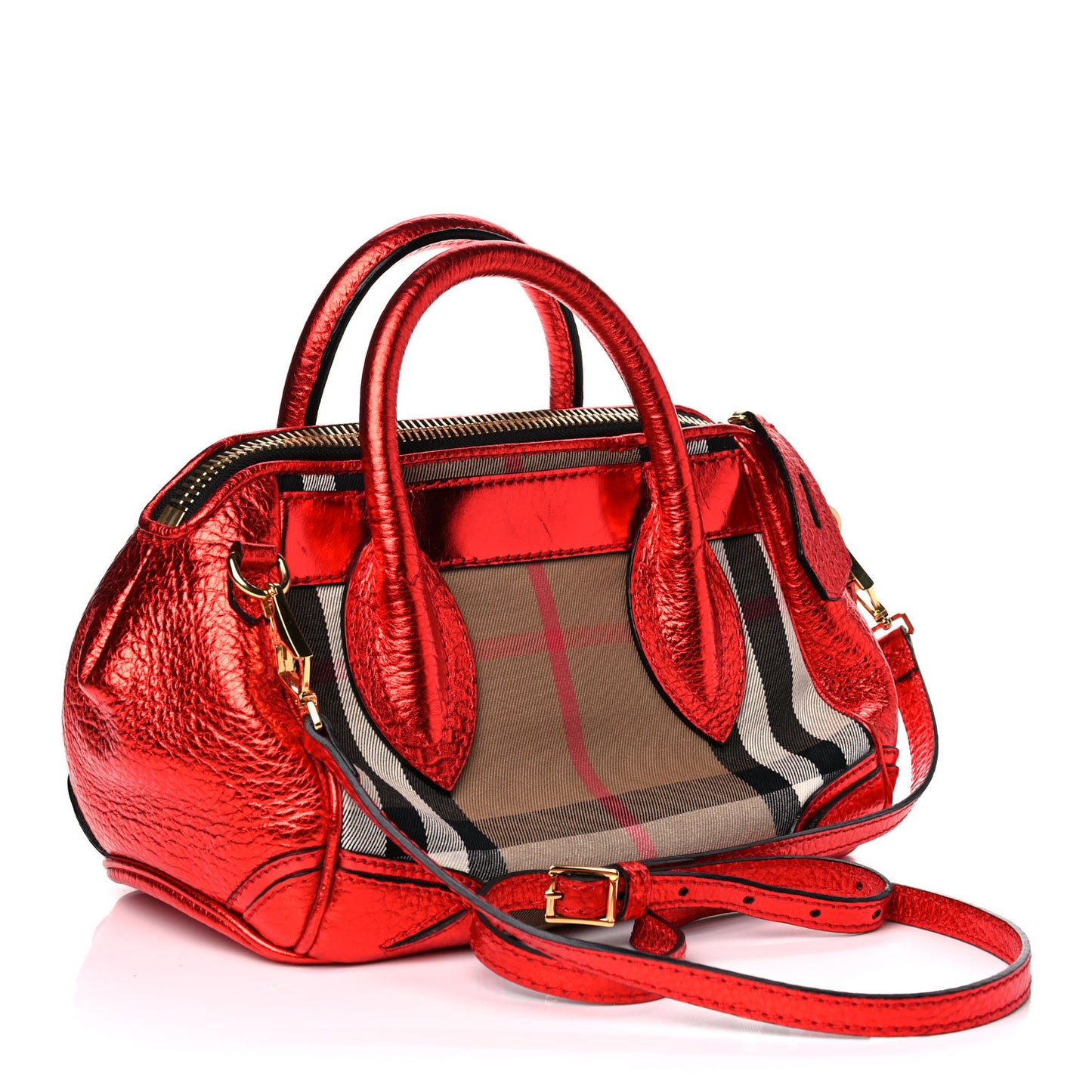 Prorsum Metallic Calfskin House Check Small Blaze Satchel Cadmium Red