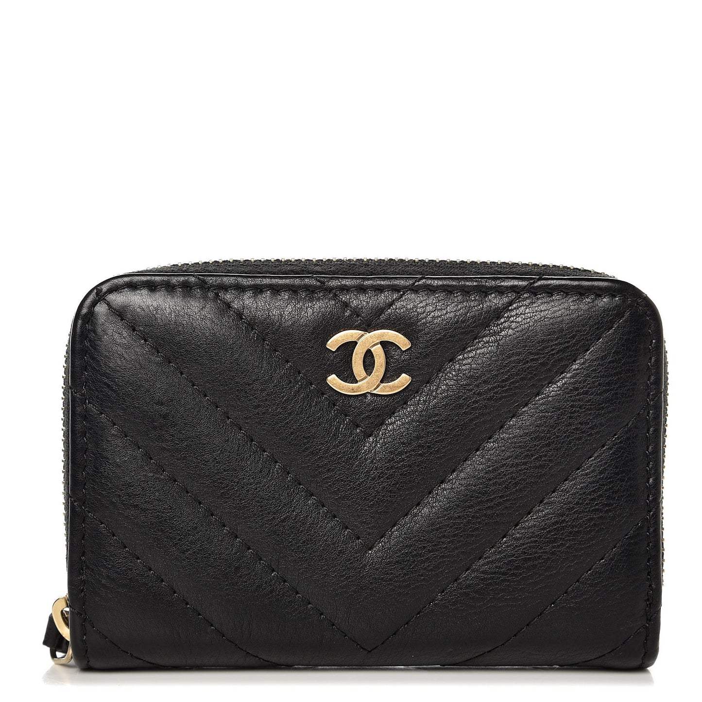 Calfskin Chevron Quilted Zip Around Coin Purse Black