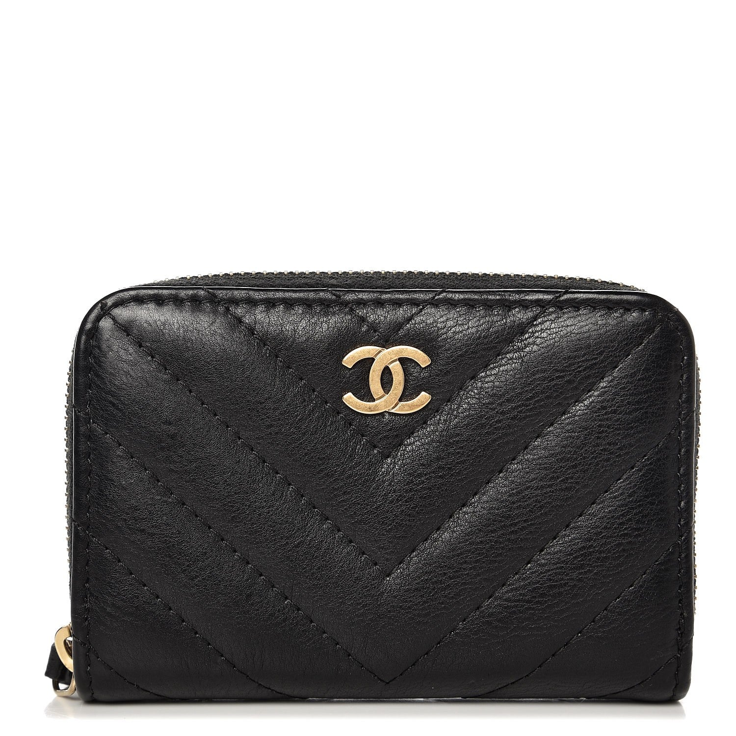Chanel Calfskin Chevron Quilted Zip Around Coin Purse Black 1 of 8