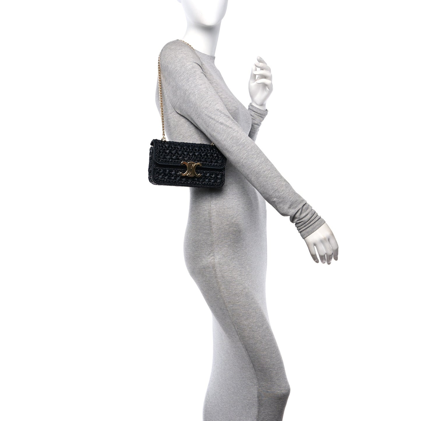 Raffia Effect Claude Chain Shoulder Bag Black