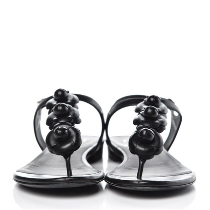 Chanel Lambskin Camellia Thong Sandals 37.5 Black 2 of 11