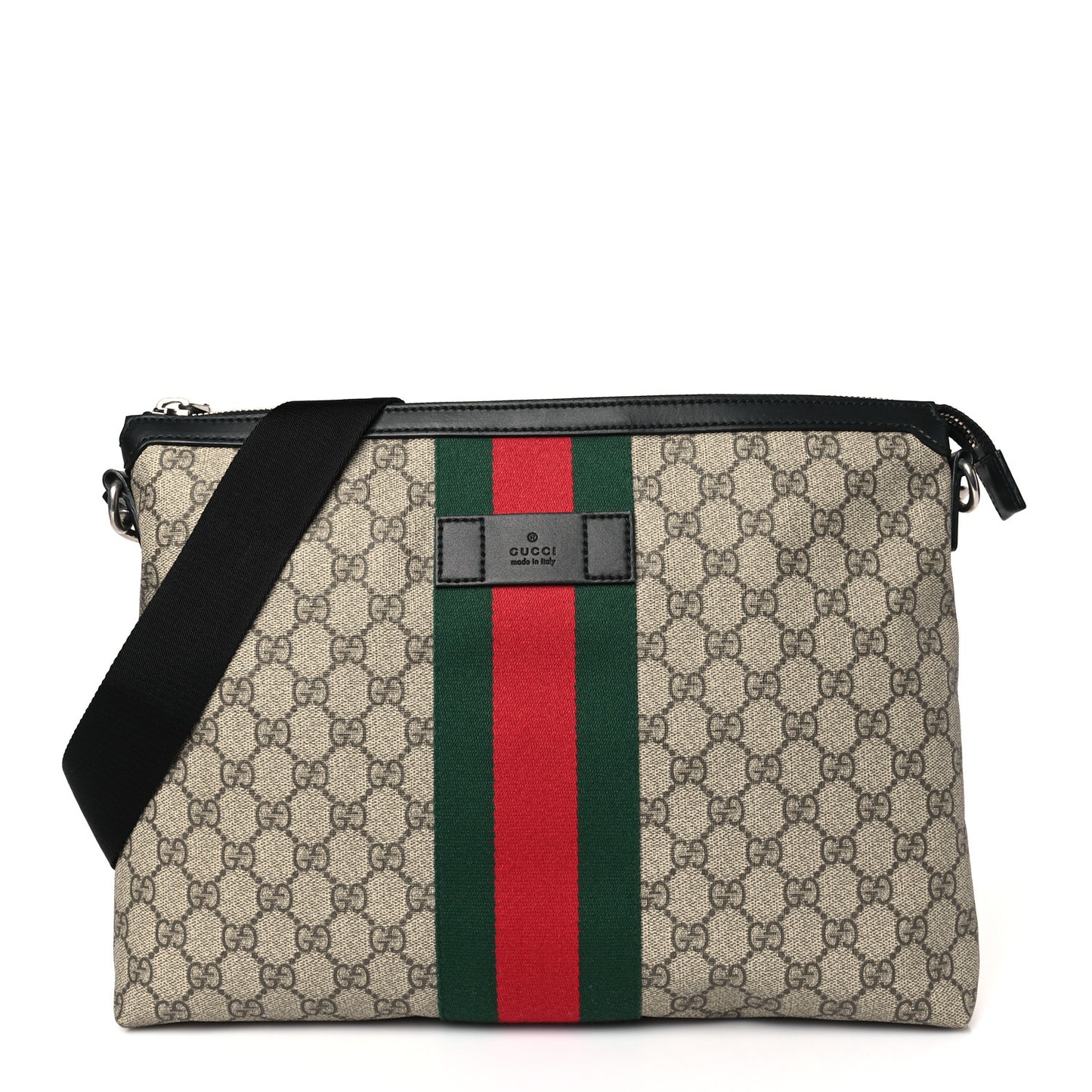 GG Supreme Monogram Calfskin Web Medium Flat Messenger Bag Beige Ebony Black