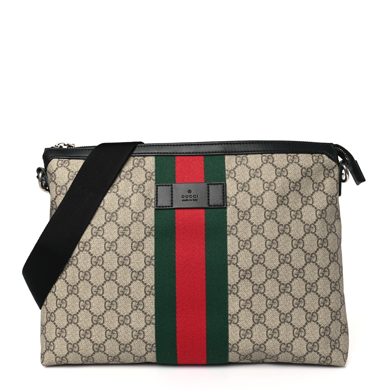 Gucci GG Supreme Monogram Calfskin Web Medium Flat Messenger Bag Beige Ebony Black 1 of 10