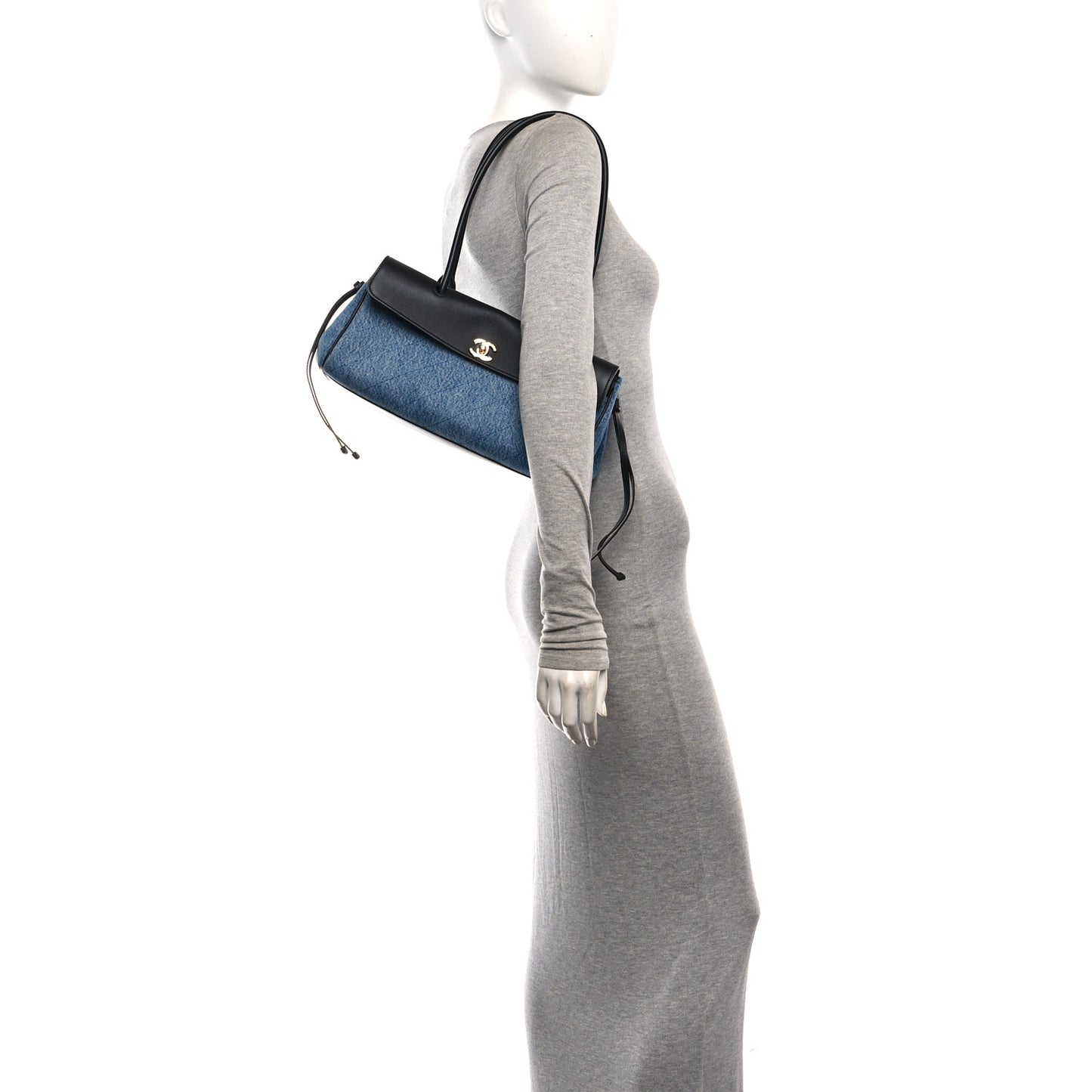 Calfskin Denim Stitched Urban Essentials Small Shopping Bag Blue Black