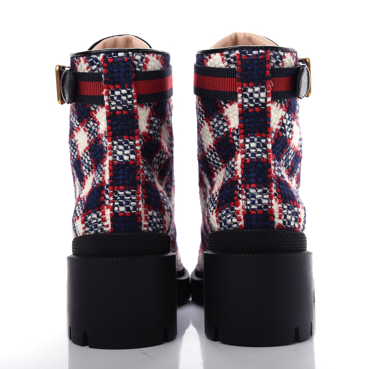 Gucci Vintage Tweed Check Lace Up Combat Ankle Boots 35 White Hibiscus Red Marine 7 of 11