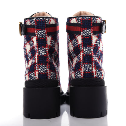 Gucci Vintage Tweed Check Lace Up Combat Ankle Boots 35 White Hibiscus Red Marine 7 of 11