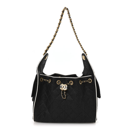 Chanel Braided Raffia Calfskin Small Chanel 25 Handbag Black White 2 of 19