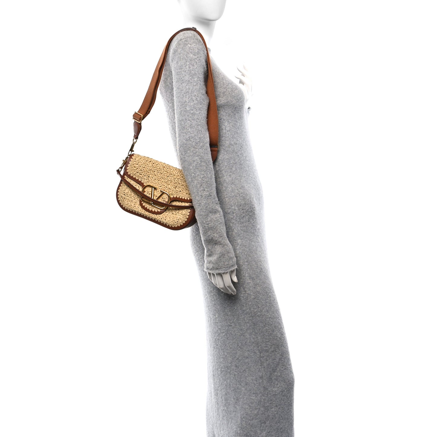 Raffia Calfskin Vlogo Alltime Shoulder Bag Natural Saddle Brown