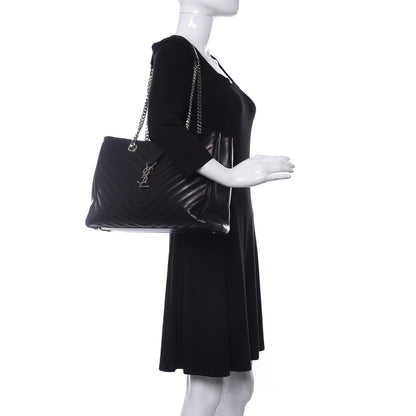 Saint Laurent Smooth Calfskin Matelasse Chevron Monogram Shopping Bag Black 2 of 16