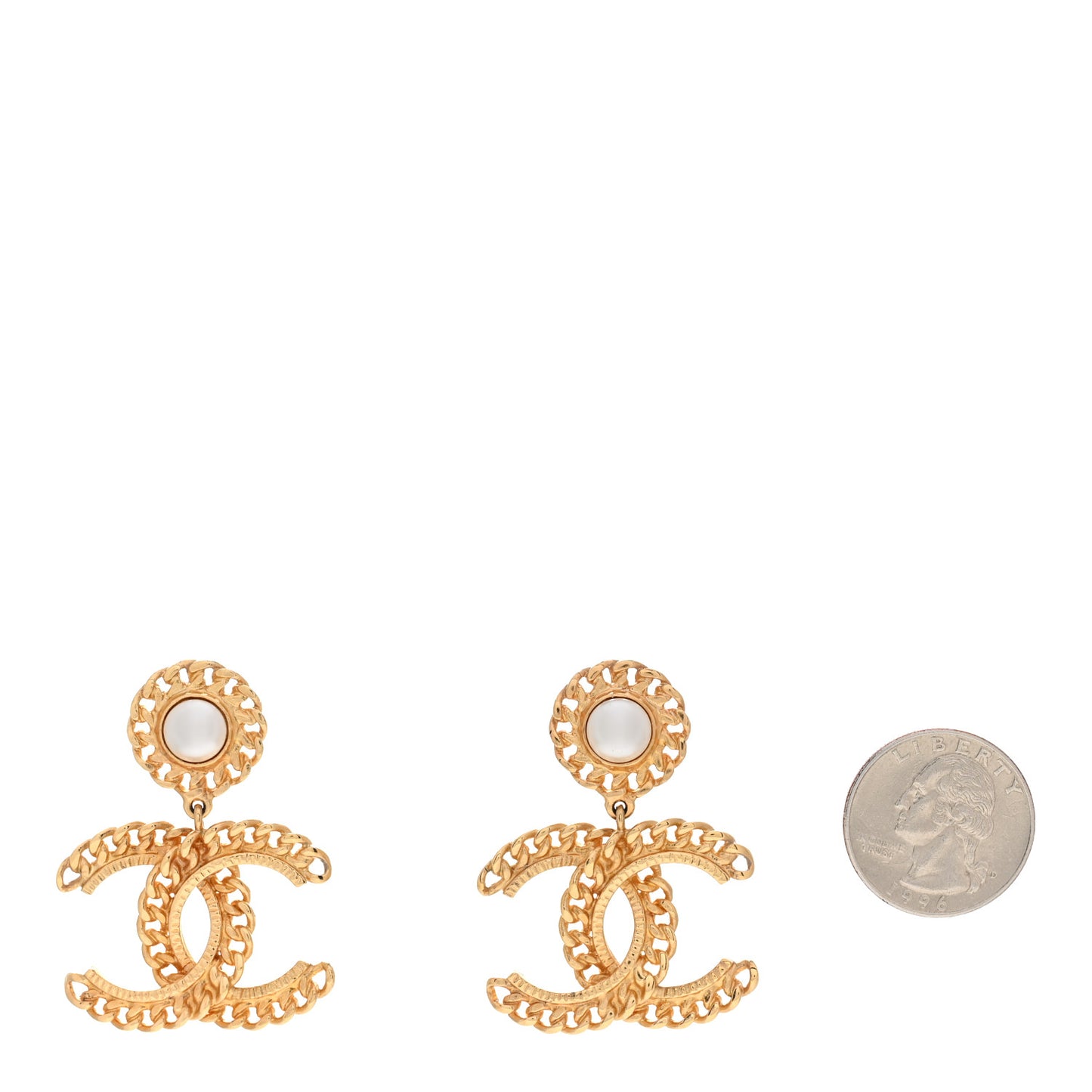 Metal Pearl CC Chain Drop Earrings Gold