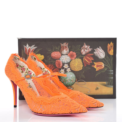 Gucci Lace Pizzo Venice Pumps 39.5 Orange Fluo Mystic White 9 of 9