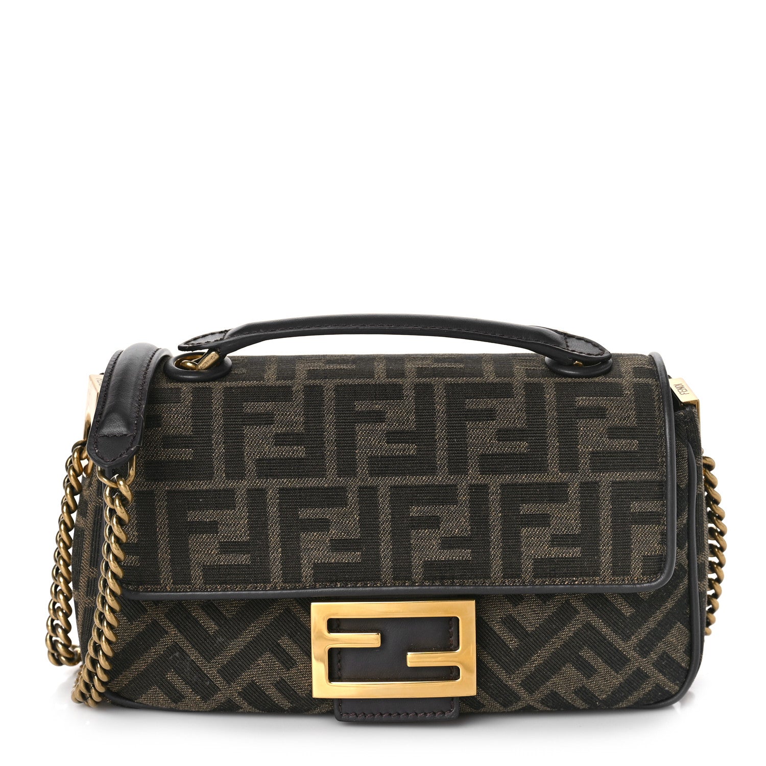 Fendi Fabric Jacquard FF 1974 Midi Chain Baguette Tobacco Moro 1 of 9