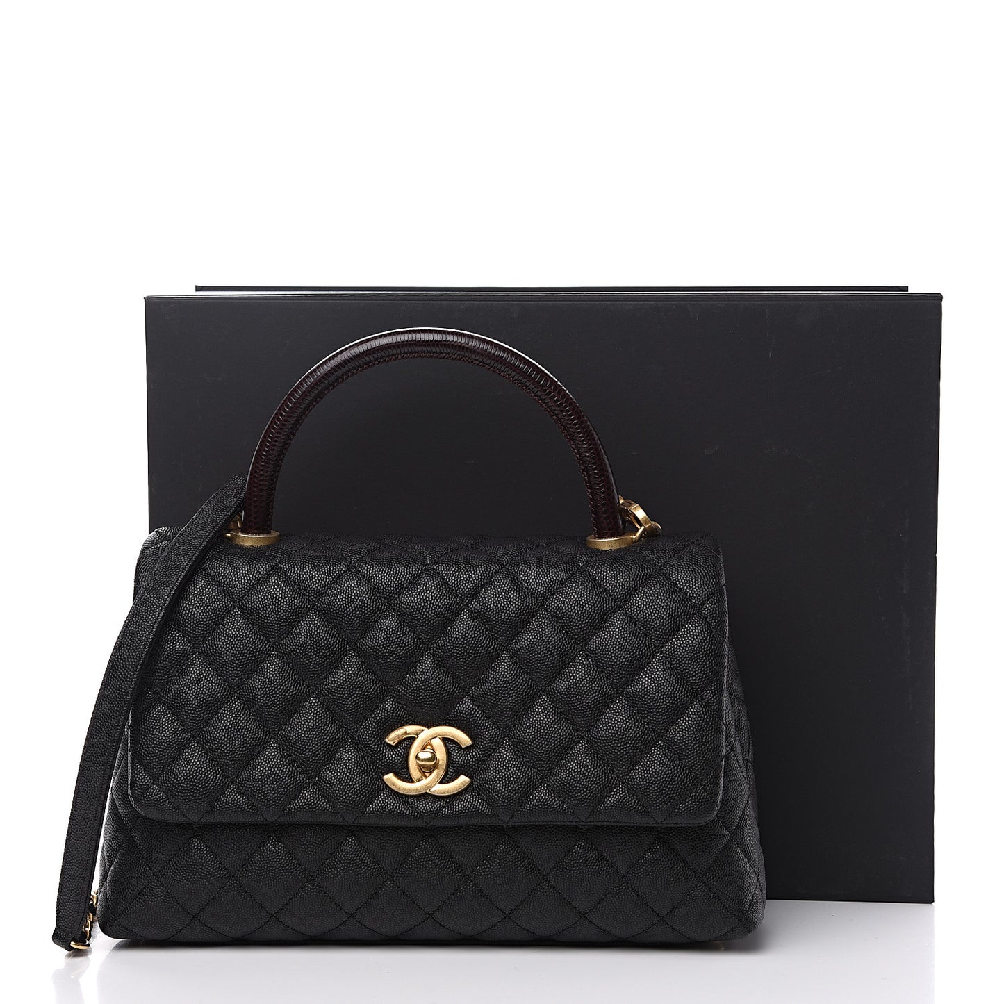 Caviar Lizard Embossed Quilted Small Coco Handle Flap Black