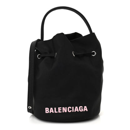 Balenciaga Recycled Sport Nylon Logo Embroidered Wheel Drawstring Bucket Bag Black Pink 1 of 9