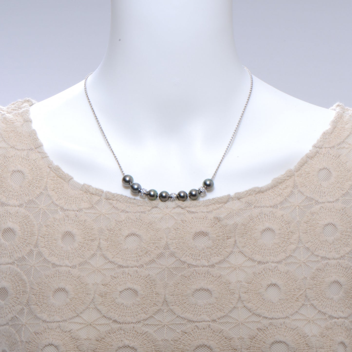 18k White Gold Diamond 7mm Black South Sea Pearls in Motion Necklace