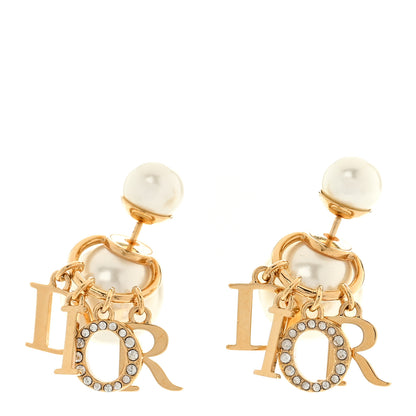 Christian Dior Pearl Crystal Tribal Logo Charms Earrings Gold 1 of 4