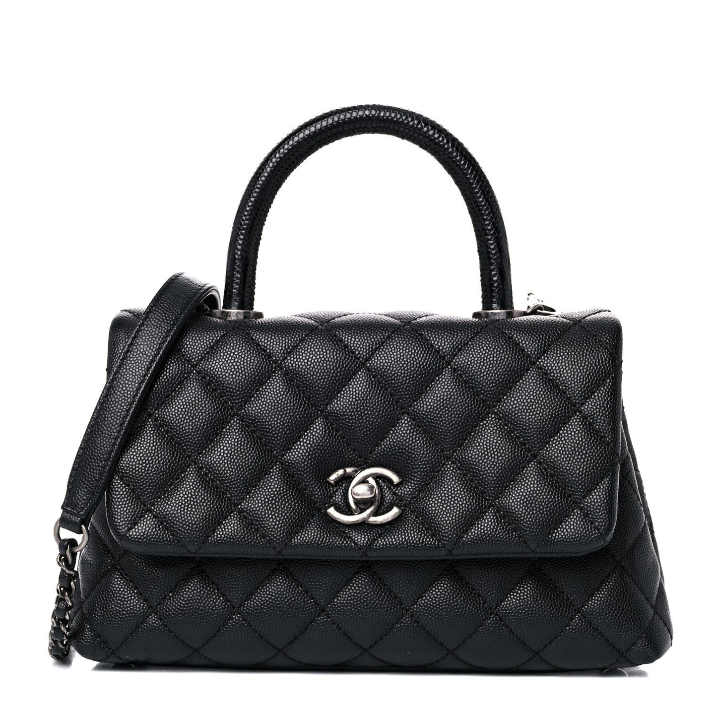 Caviar Lizard Embossed Quilted Mini Coco Handle Flap Black