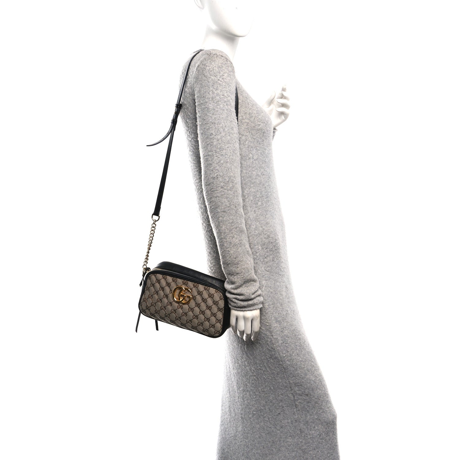 Gucci Monogram Matelasse Diagonal Small GG Marmont Chain Shoulder Bag Beige Black 2 of 11