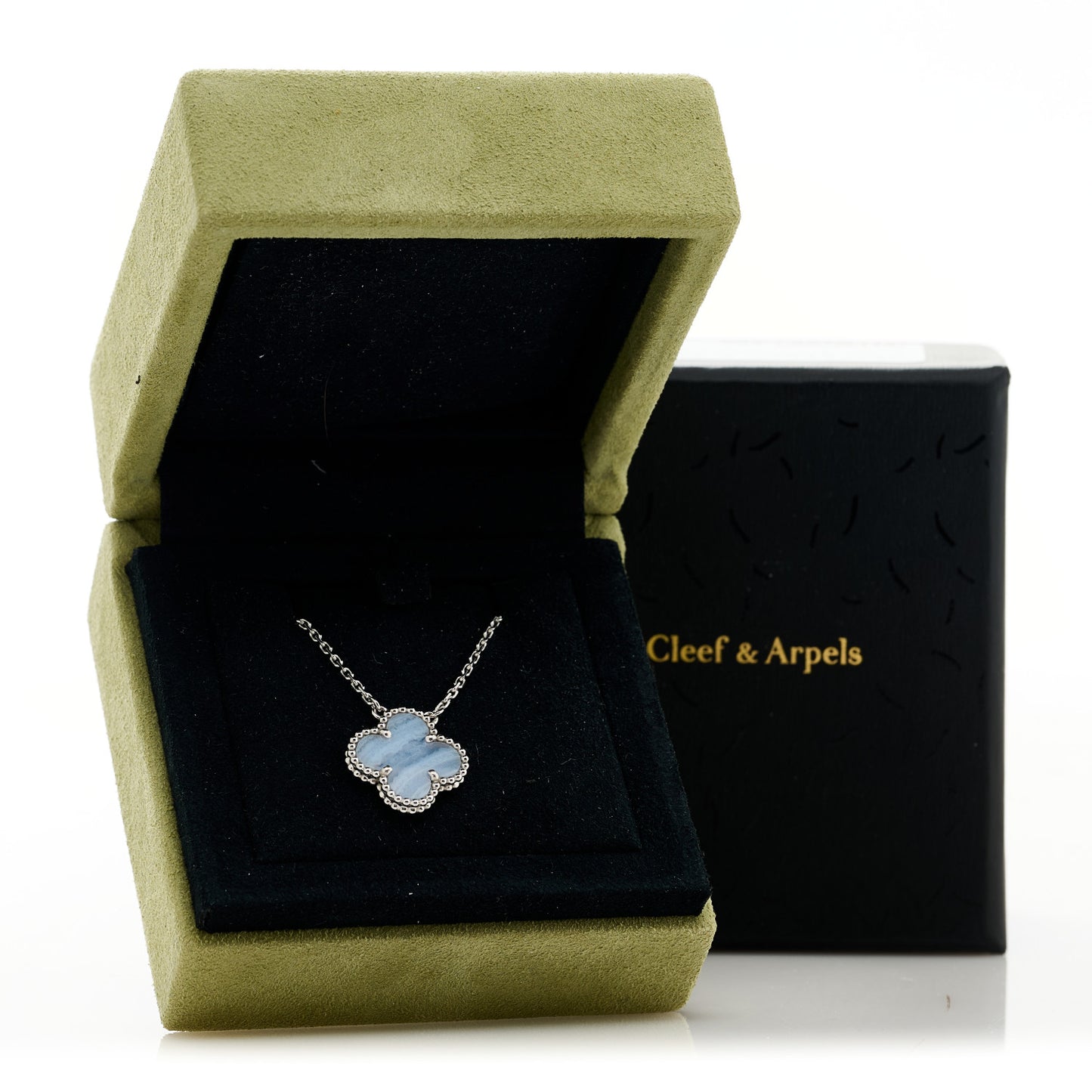 18K White Gold Chalcedony Vintage Alhambra Pendant Necklace