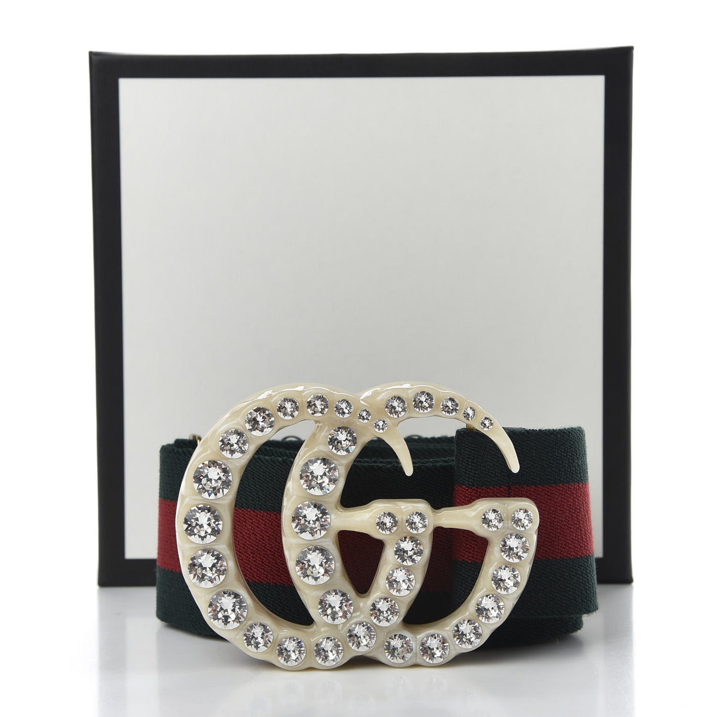 Elastic Web Crystal Embellished Plexiglass GG Marmont Belt 75 30 Red Green