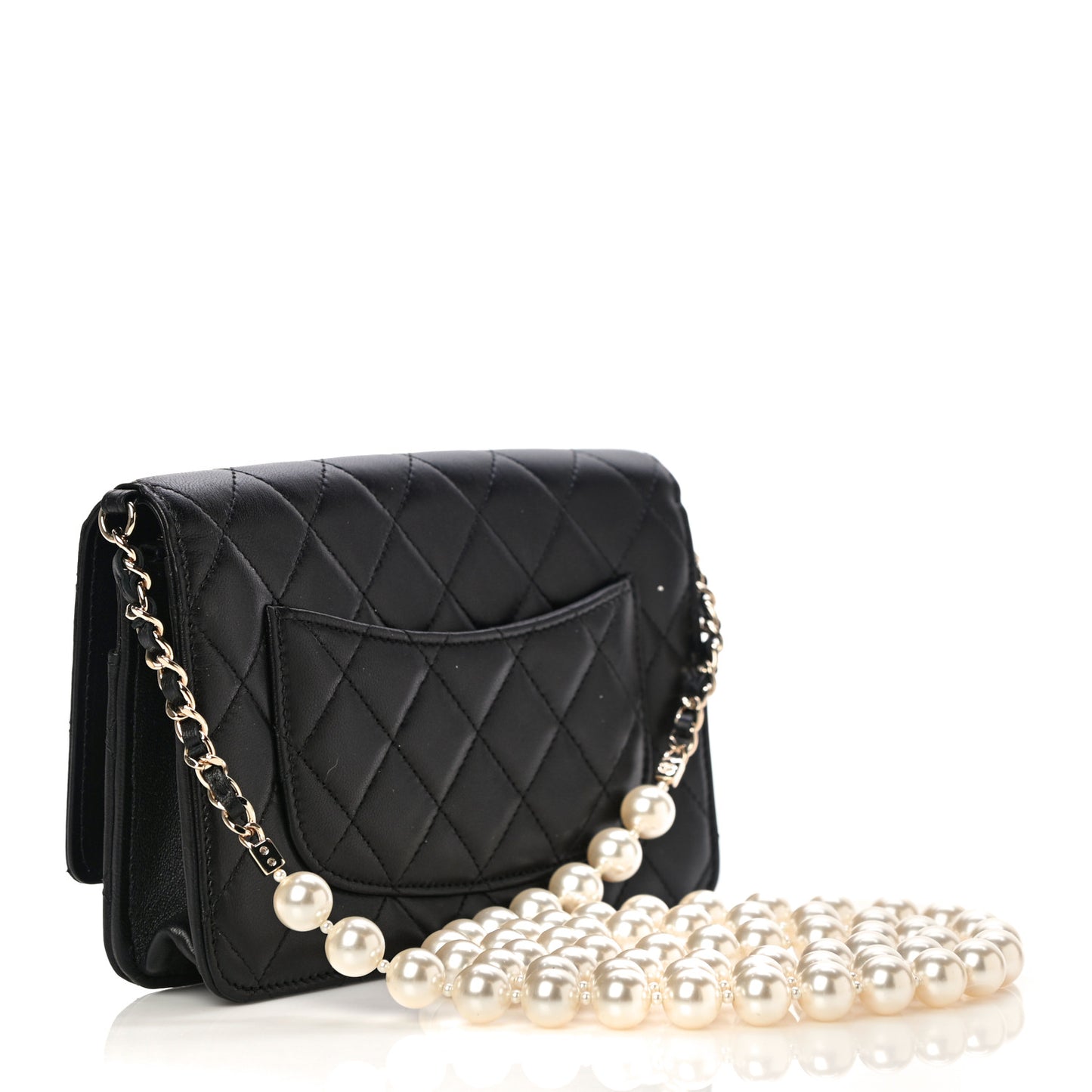 Lambskin Quilted Pearl Wallet On Chain WOC Black