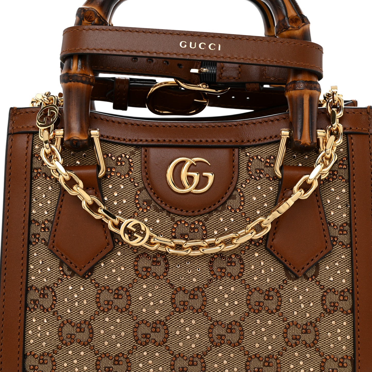 New Canvas Charisma Calfskin Crystal GG Monogram Mini Diana Tote Bag Camel Ebony