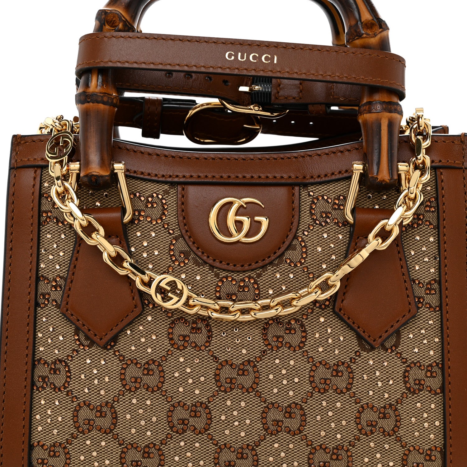 Gucci New Canvas Charisma Calfskin Crystal GG Monogram Mini Diana Tote Bag Camel Ebony 8 of 10