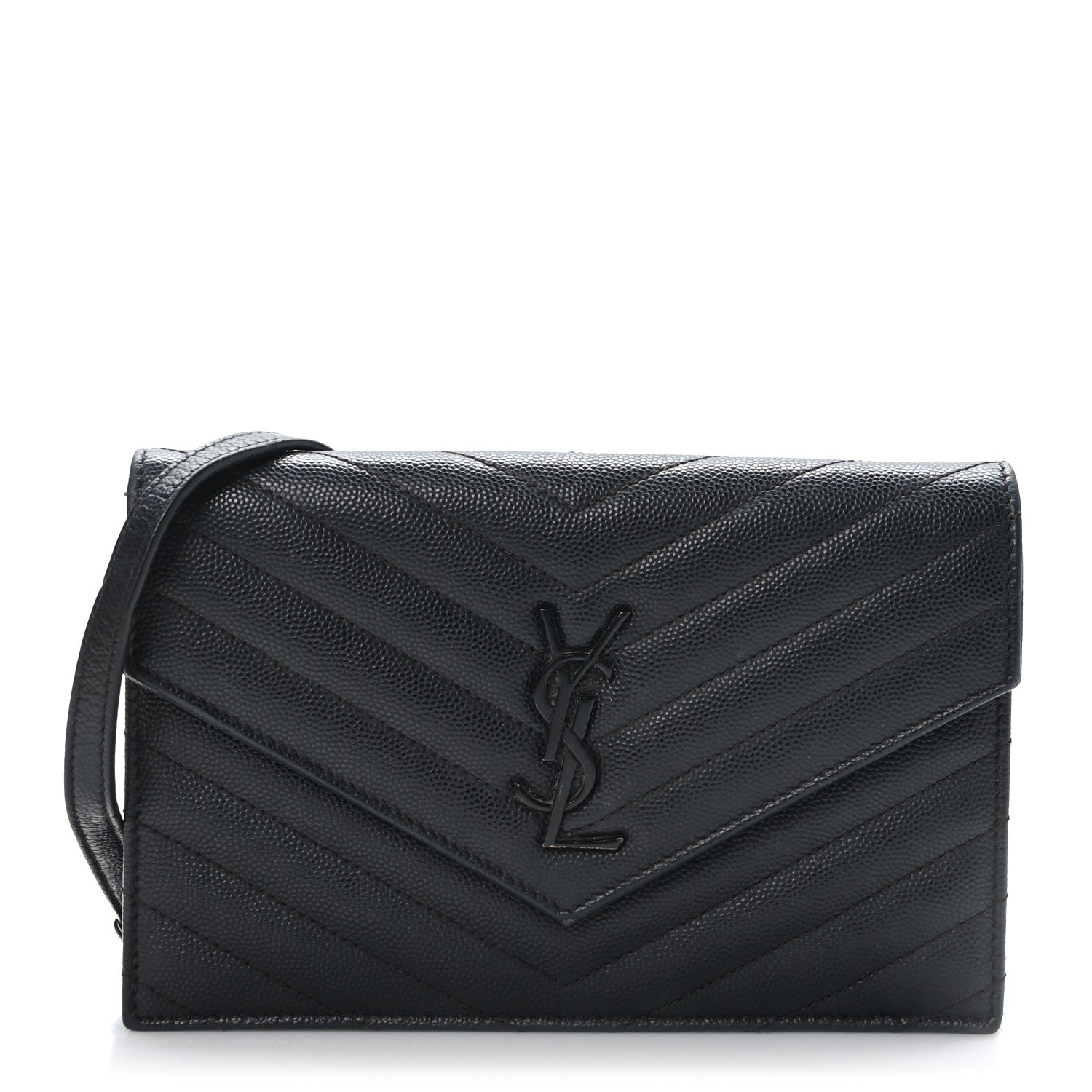 Saint Laurent Grain De Poudre Matelasse Chevron Monogram Monochrome Envelope Chain Wallet Black 1 of 9