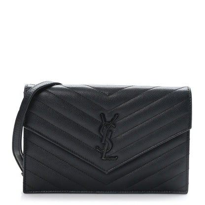 Saint Laurent Grain De Poudre Matelasse Chevron Monogram Monochrome Envelope Chain Wallet Black 1 of 9