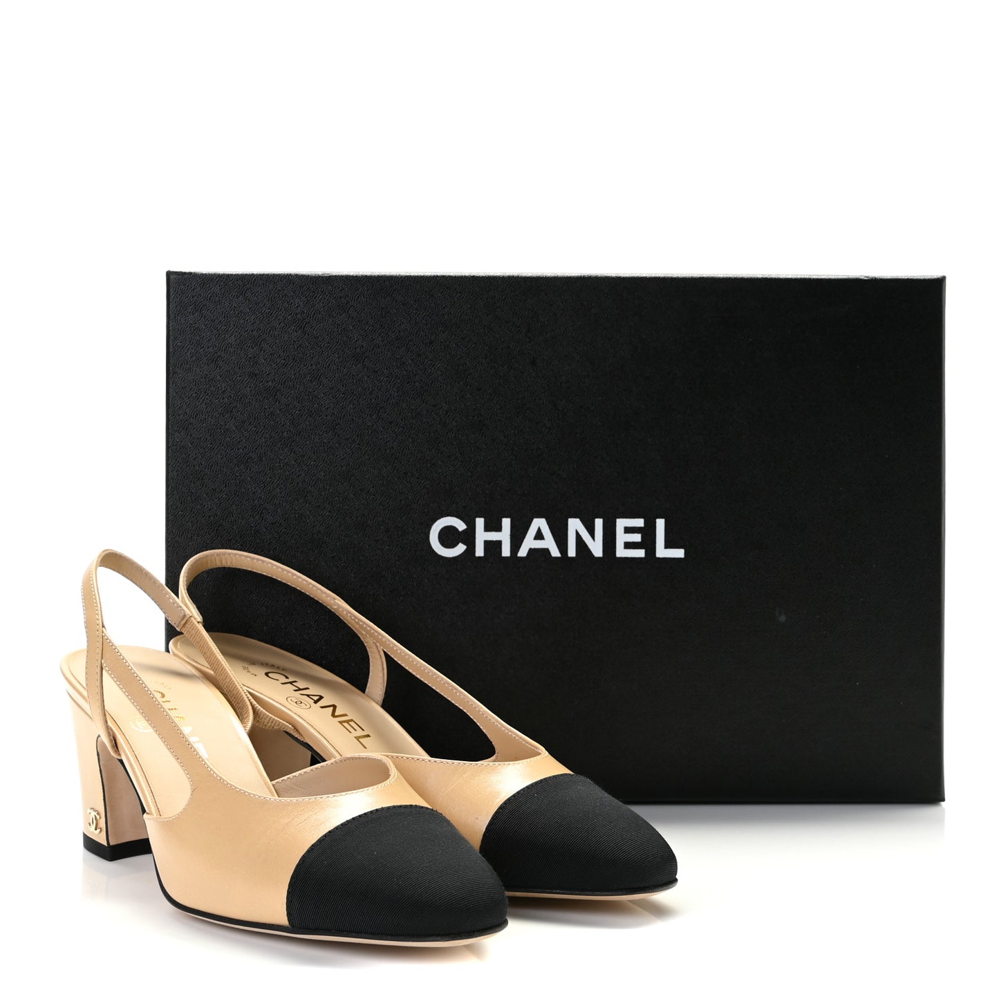 Goatskin Grosgrain Cap Toe CC Slingback Pumps 36 Beige Black