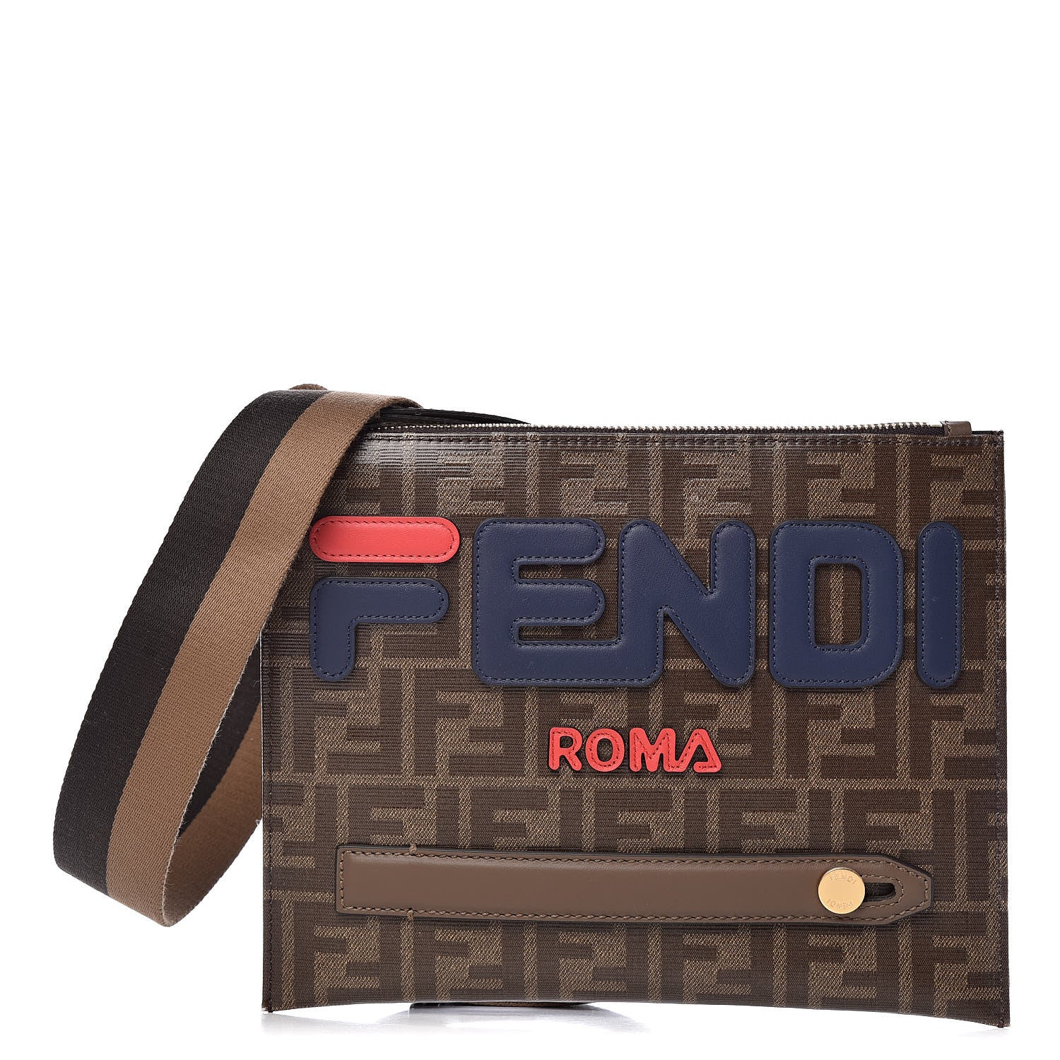 Fendi X FILA Glazed Fabric Vitello Century FF 1974 Mania Crossbody Messenger Mogano Panna Blueberry 1 of 9
