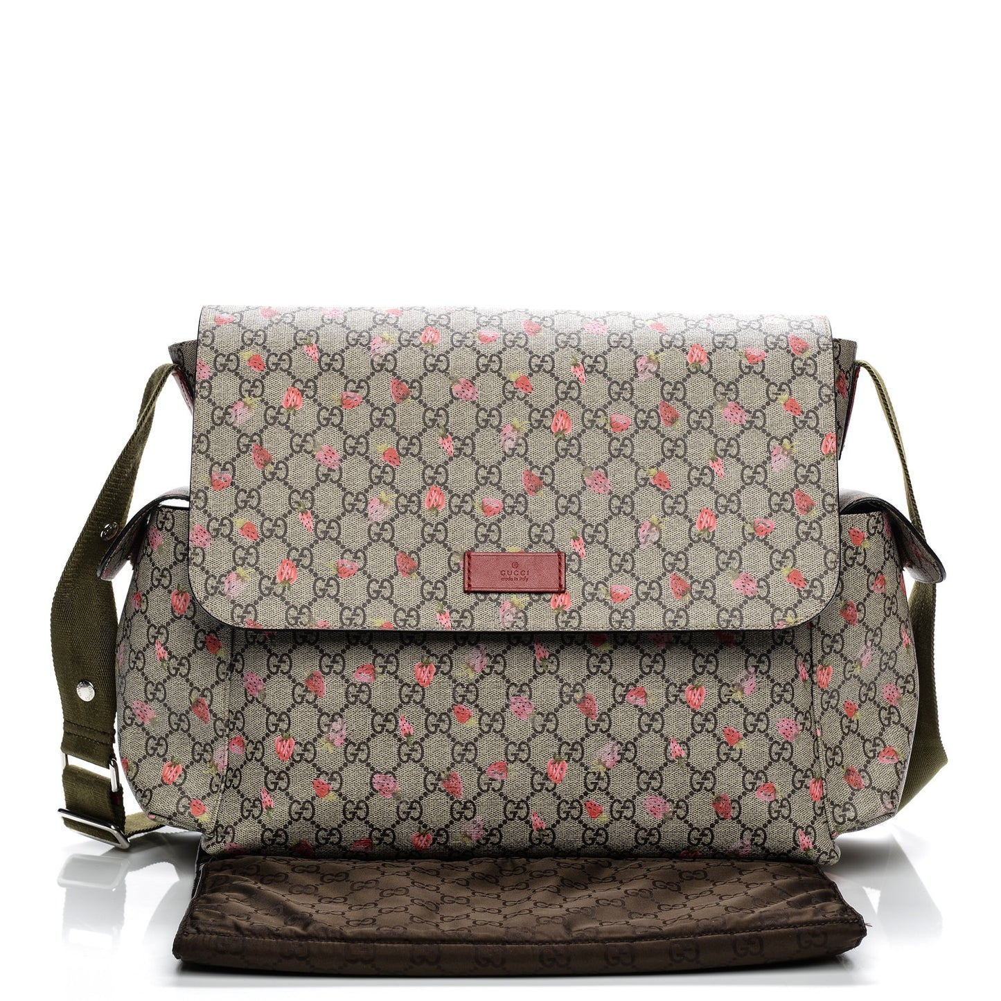 GG Supreme Monogram Strawberry Messenger Diaper Bag Beige