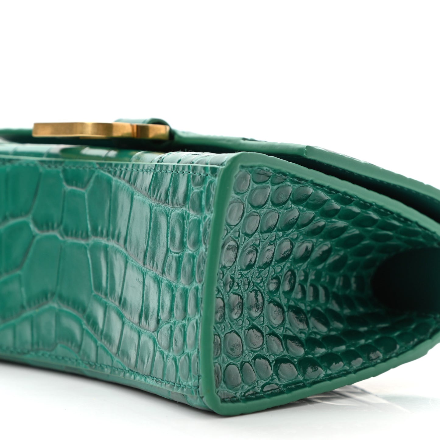 Shiny Calfskin Crocodile Embossed Hourglass Top Handle Bag XS Jade