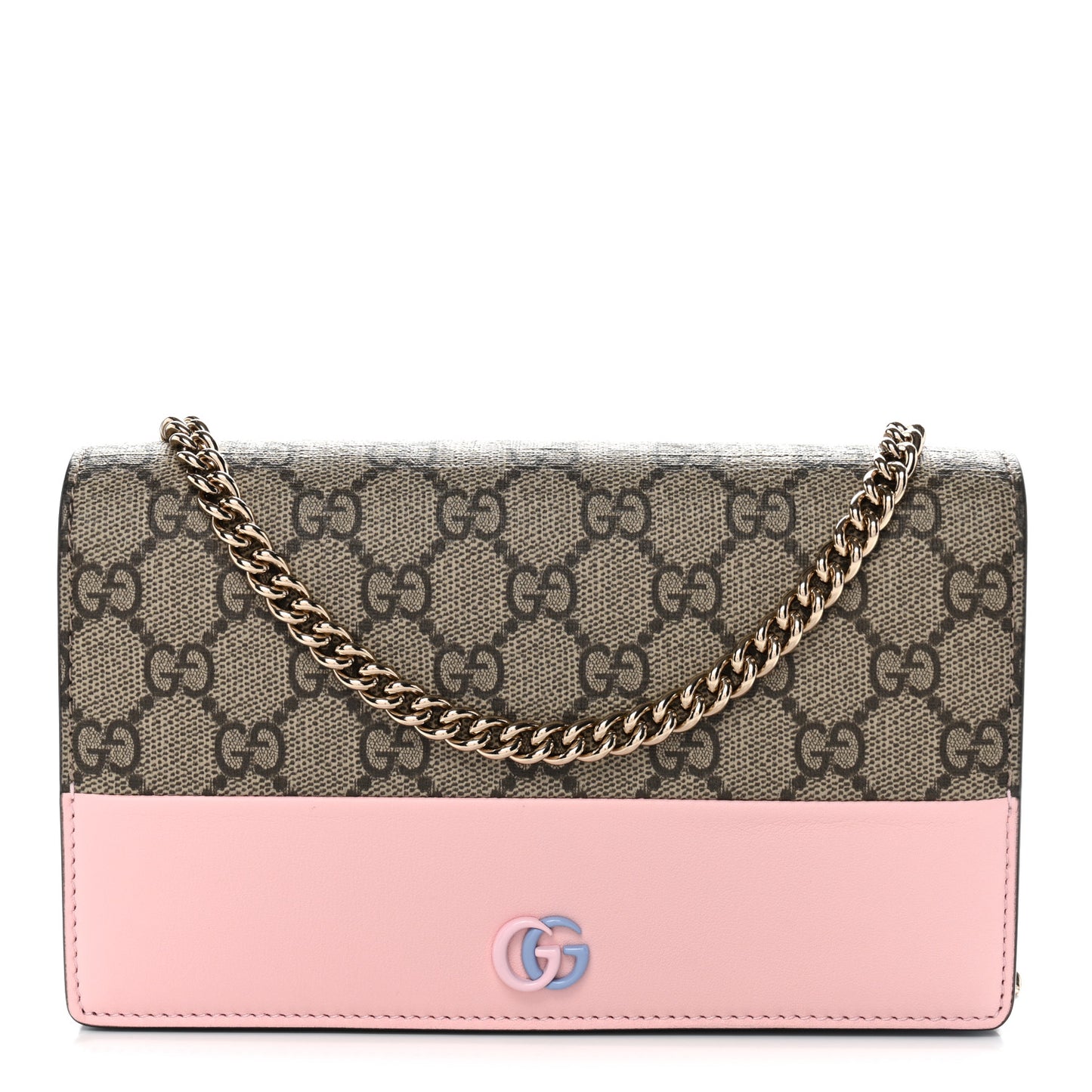 GG Supreme Monogram Textured Dollar Calfskin Mini GG Marmont Chain Wallet Light Pink Blue Beige