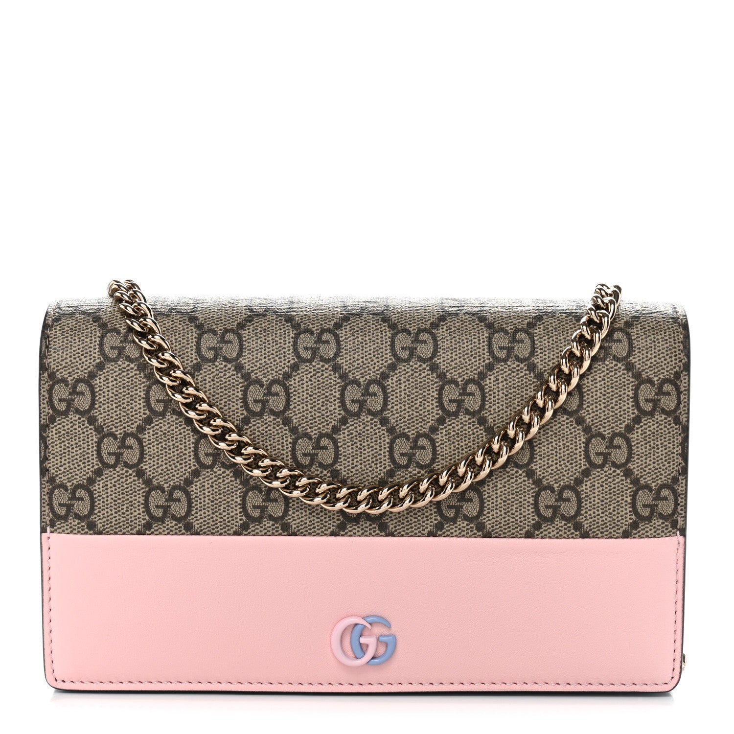 Gucci GG Supreme Monogram Textured Dollar Calfskin Mini GG Marmont Chain Wallet Light Pink Blue Beige 1 of 9