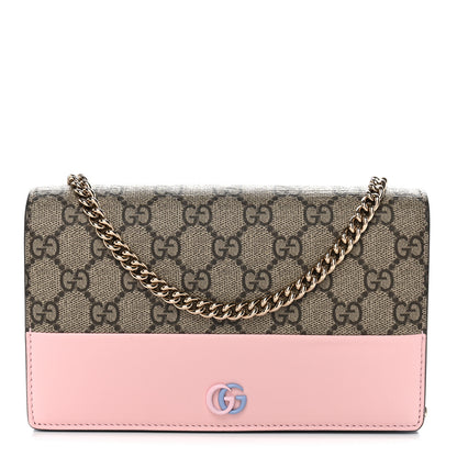 Gucci GG Supreme Monogram Textured Dollar Calfskin Mini GG Marmont Chain Wallet Light Pink Blue Beige 1 of 9