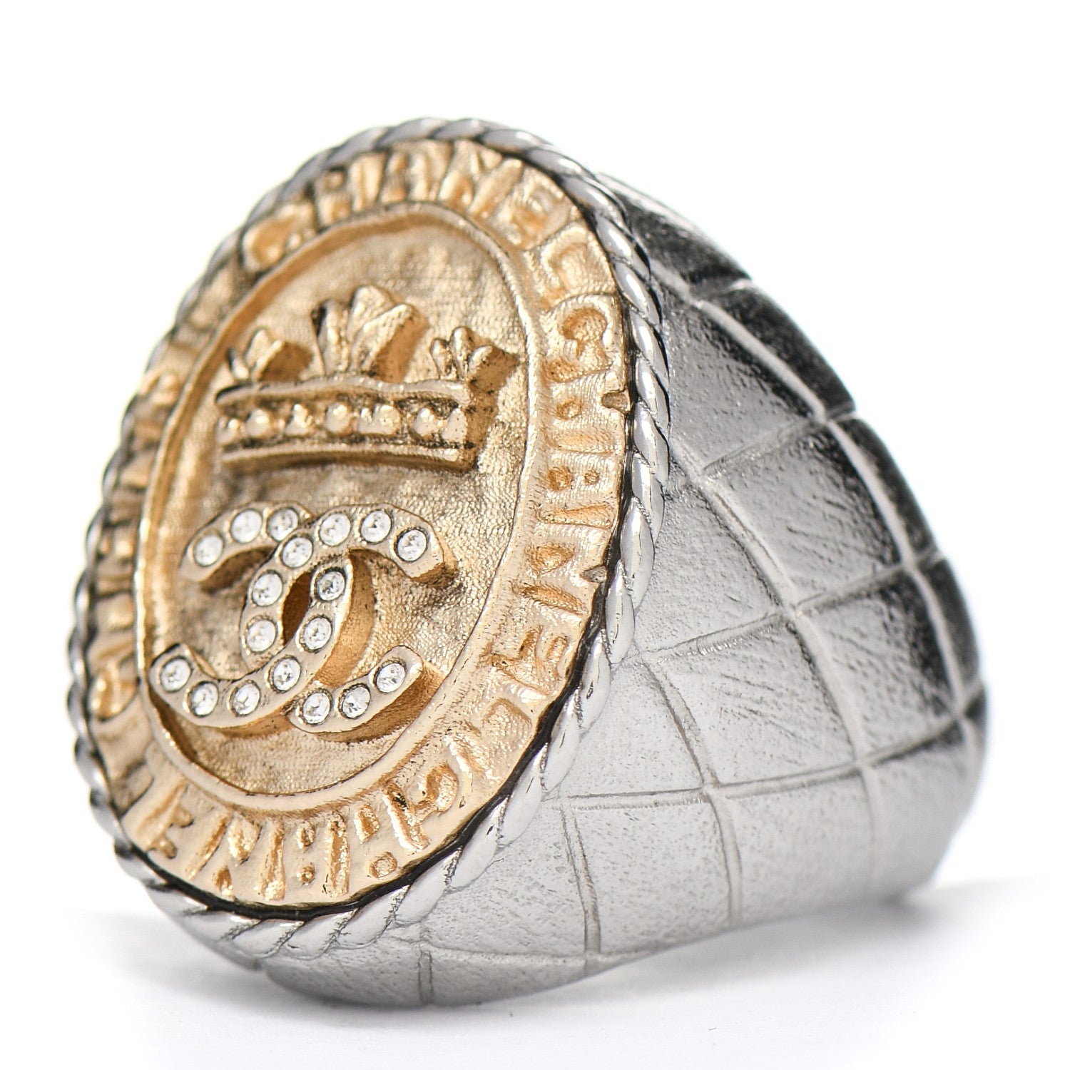 Chanel Crystal CC Crown Signet Ring 5.5 Gold 3 of 5