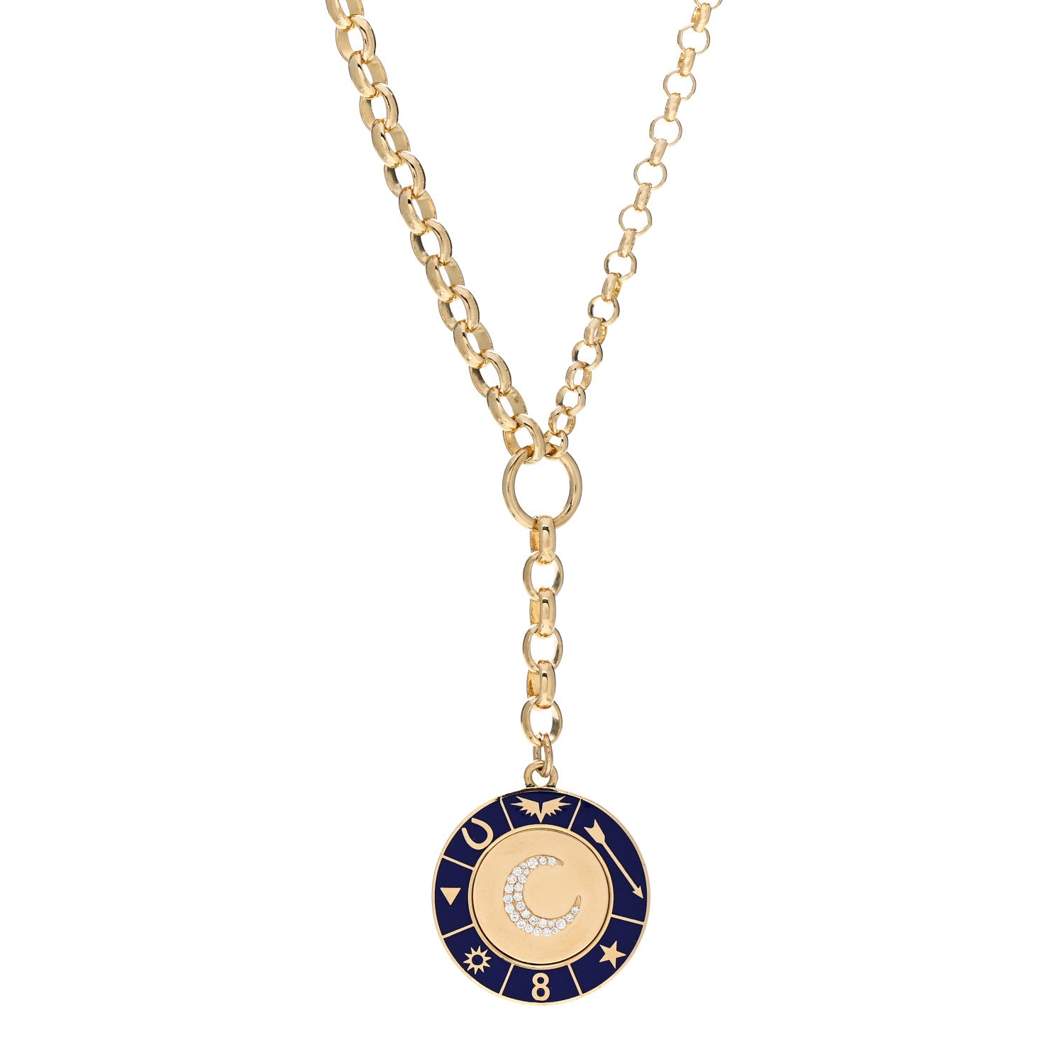 Foundrae 18K Yellow Gold Diamond Enamel Blue Crescent Champleve Heavy Mixed Chain Necklace 1 of 4