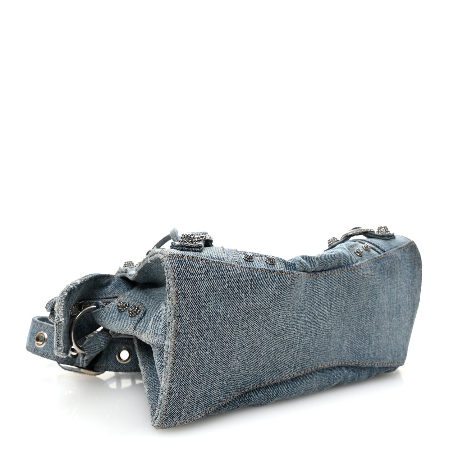 Washed Frayed Denim Crystal Neo Cagole Handbag XS Blue