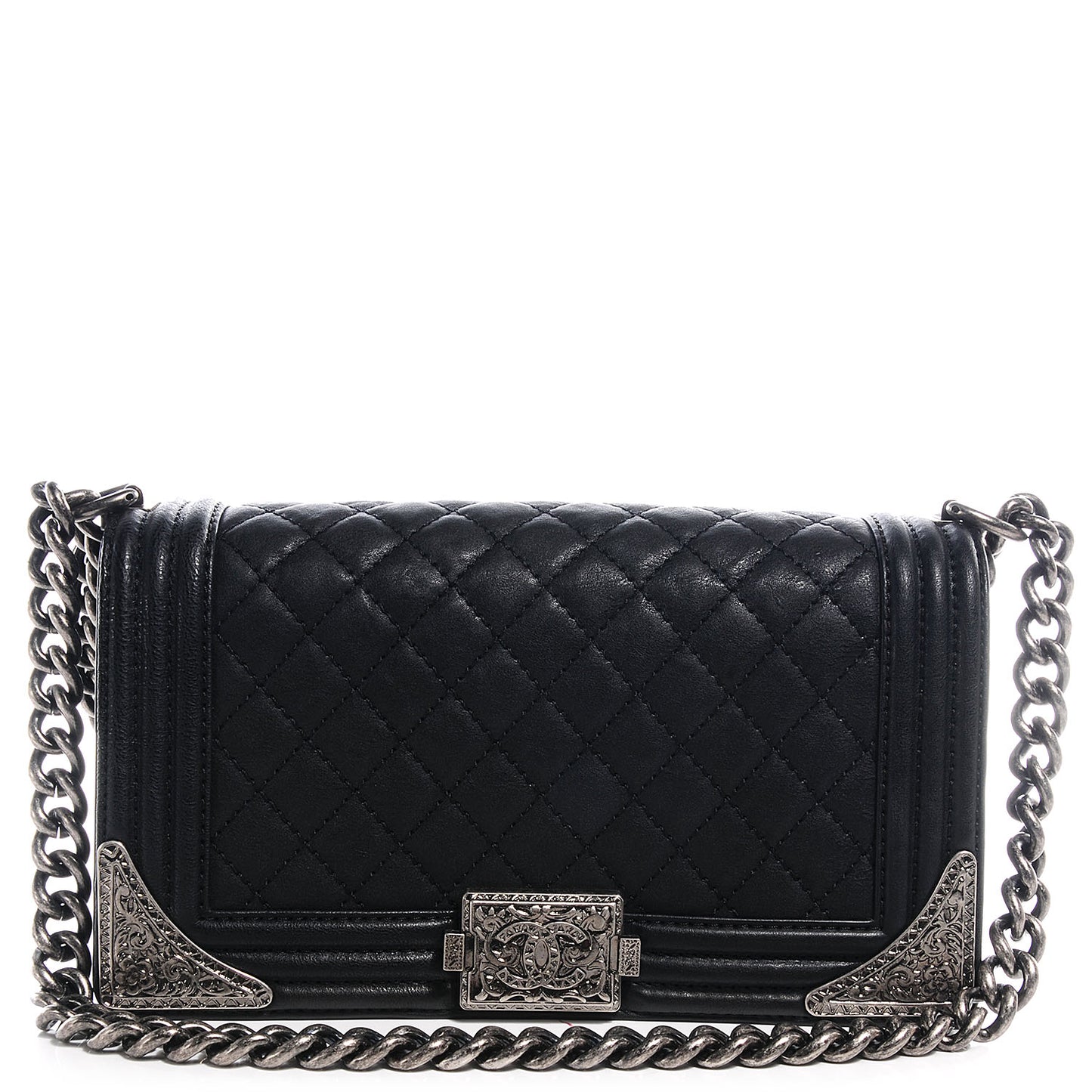 Calfskin Quilted Embellished Metal Medium Boy Flap Black
